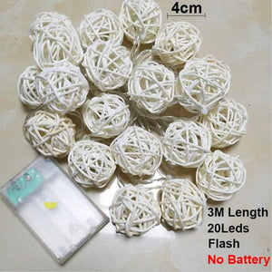 Rattan Ball Christmas Lights String 3M 20Leds Warm White Garland 4cm Diameter Ball for Holiday Decoration Fairy Luces De Navidad