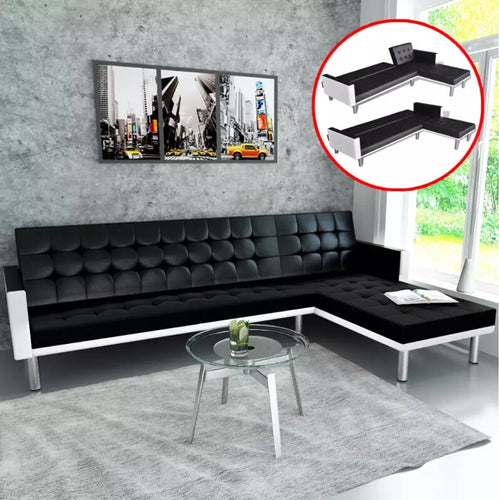 vidaXL Modern Folding Adjustable corner sofa with sleeping function imitation leather black For Living Room Sofa