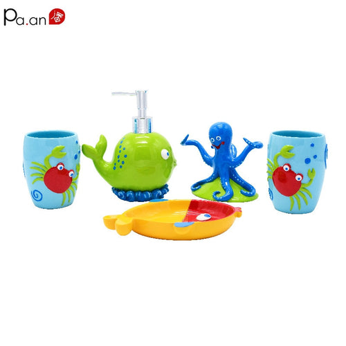 5pcs Kids' Bathroom Accessories Set Toothbrush Holder  Bath Room Decor Lovely Cute Crab Octopus Whale Color Resin Children Gift