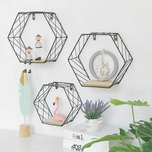 Nordic Style Iron Hexagonal Grid Wall Shelf Combination Wall Hanging Geometric Figure for Wall Decoration Living Room Bedroom